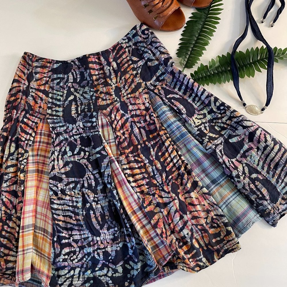 DKNY 100% Cotton Batik Plaid Pleated Skirt